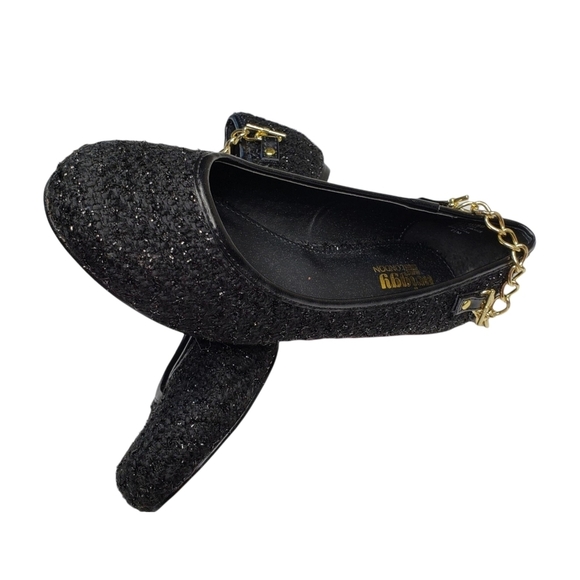 Twiggy London | Black Sparkle Tweed Round Toe Gold Slip On Flats Women's 7.5 - Picture 5 of 11